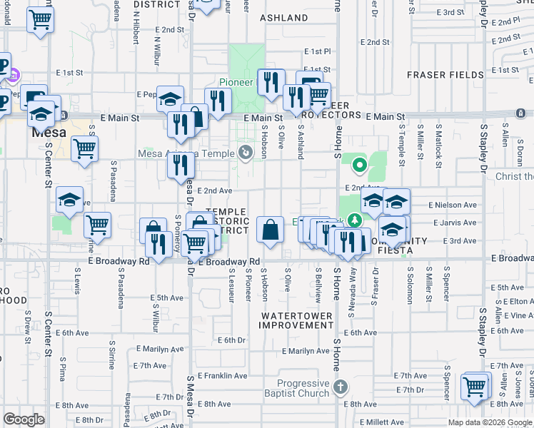 map of restaurants, bars, coffee shops, grocery stores, and more near 313 South Pioneer in Mesa