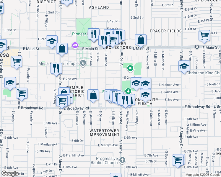 map of restaurants, bars, coffee shops, grocery stores, and more near 110 East 3rd Avenue in Mesa