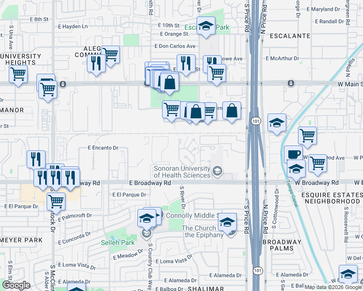 map of restaurants, bars, coffee shops, grocery stores, and more near 1626 South River Drive in Tempe