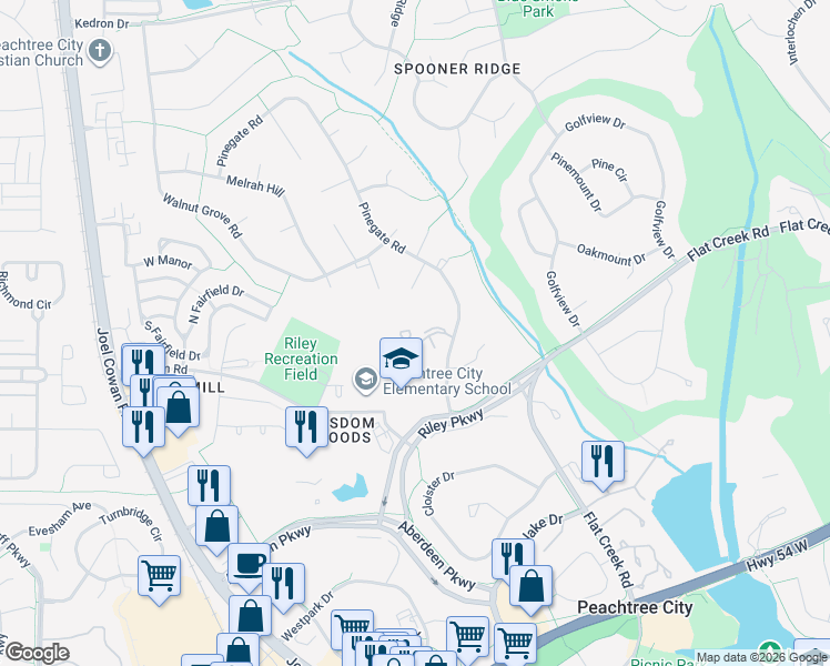 map of restaurants, bars, coffee shops, grocery stores, and more near 44 Cobblestone Creek in Peachtree City