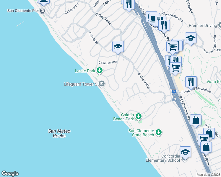 map of restaurants, bars, coffee shops, grocery stores, and more near 2016 Calle De Los Alamos in San Clemente
