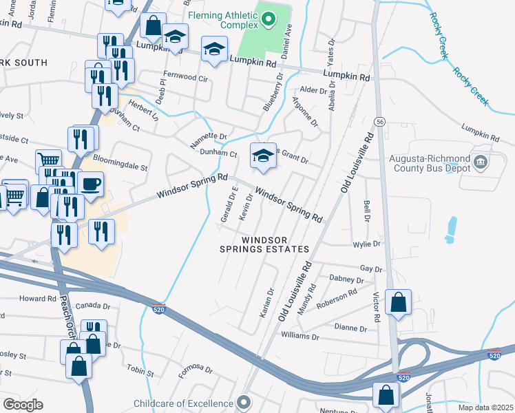 map of restaurants, bars, coffee shops, grocery stores, and more near 3210 Sylvester Drive in Augusta