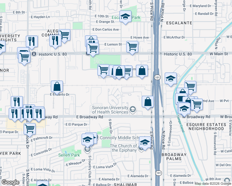 map of restaurants, bars, coffee shops, grocery stores, and more near 1634 South Torre Molinos Circle in Tempe