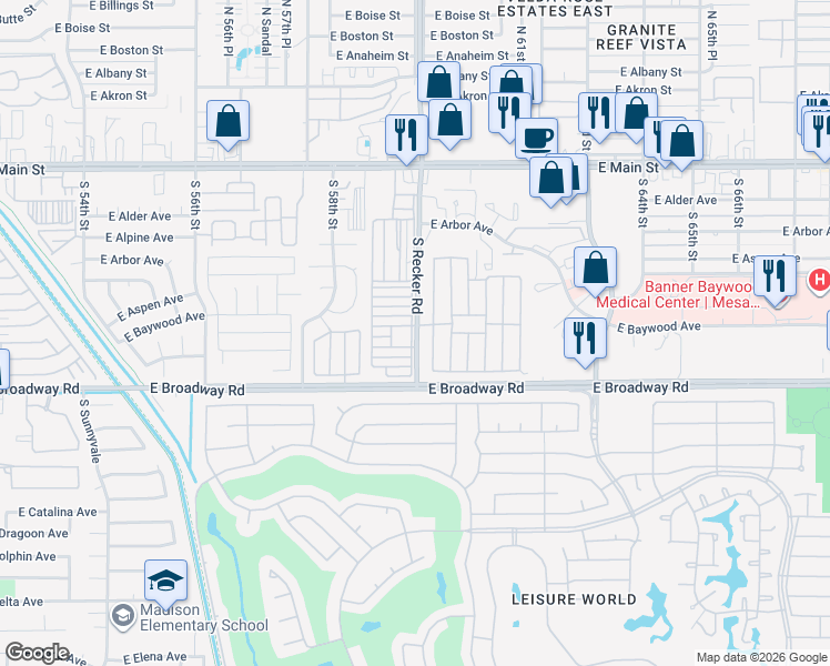 map of restaurants, bars, coffee shops, grocery stores, and more near 374 South Recker Road in Mesa