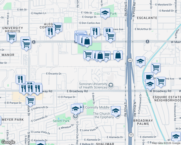 map of restaurants, bars, coffee shops, grocery stores, and more near 1626 South River Drive in Tempe