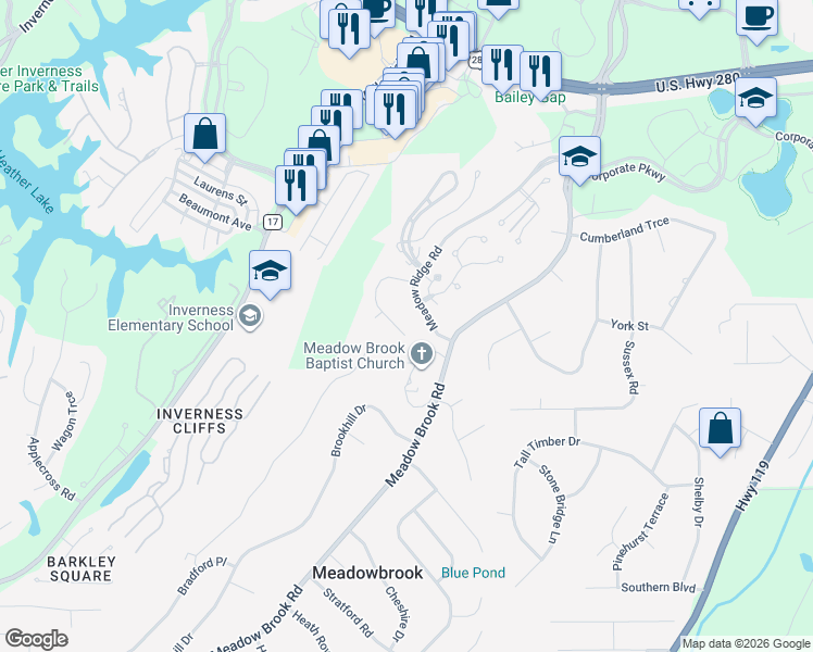 map of restaurants, bars, coffee shops, grocery stores, and more near 2376 Ridge Trail in Birmingham