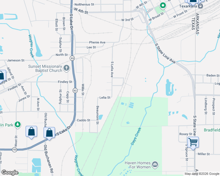 map of restaurants, bars, coffee shops, grocery stores, and more near Lelia Street in Texarkana