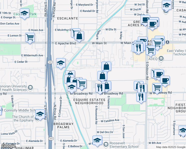 map of restaurants, bars, coffee shops, grocery stores, and more near 2432 West Birchwood Avenue in Mesa