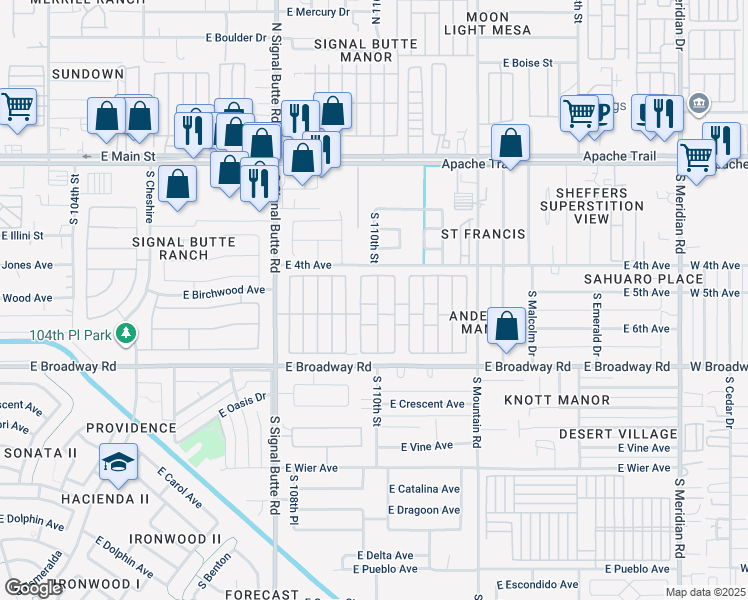 map of restaurants, bars, coffee shops, grocery stores, and more near 301 South Signal Butte Road in Apache Junction