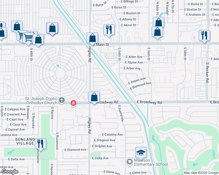 map of restaurants, bars, coffee shops, grocery stores, and more near 69 2nd Street in Mesa