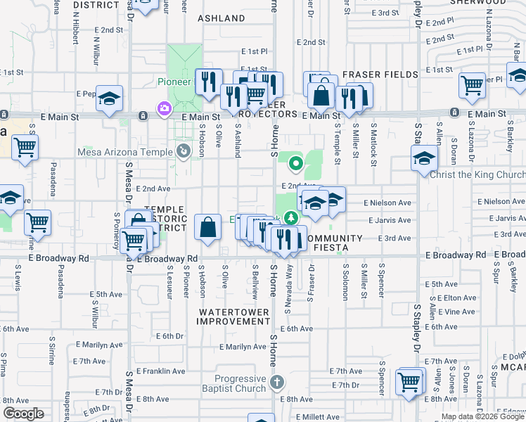 map of restaurants, bars, coffee shops, grocery stores, and more near 129 East 3rd Avenue in Mesa