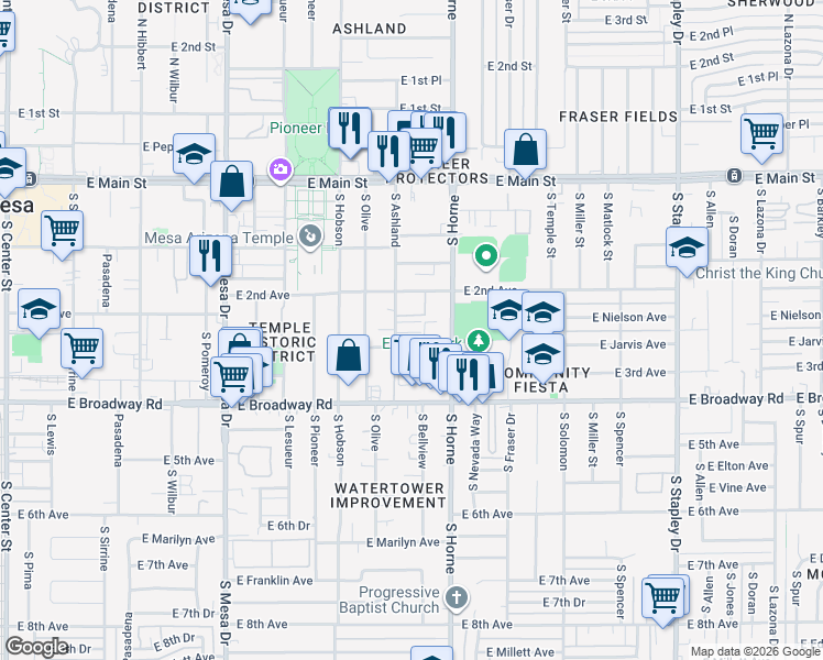 map of restaurants, bars, coffee shops, grocery stores, and more near 110 East 3rd Avenue in Mesa