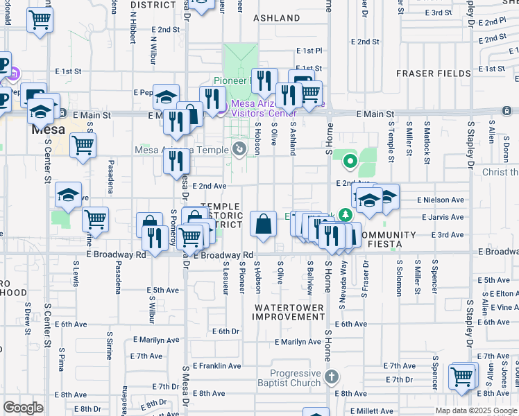 map of restaurants, bars, coffee shops, grocery stores, and more near 313 South Pioneer in Mesa