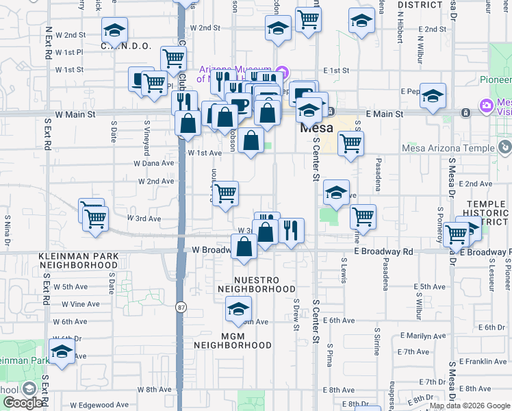 map of restaurants, bars, coffee shops, grocery stores, and more near 265 South Robson in Mesa