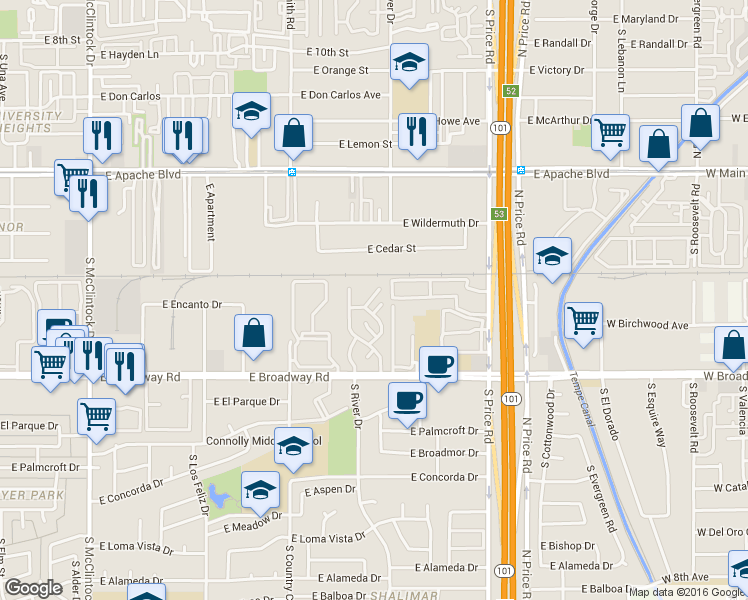 map of restaurants, bars, coffee shops, grocery stores, and more near 1634 South Torre Molinos Circle in Tempe