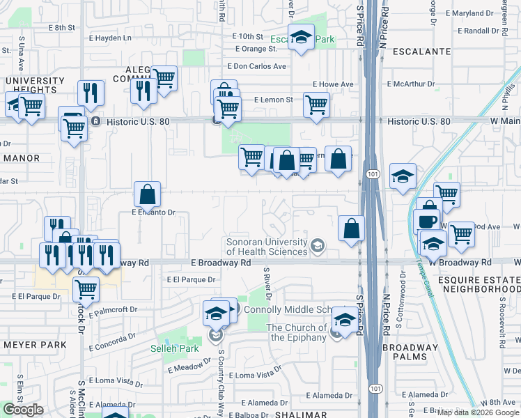 map of restaurants, bars, coffee shops, grocery stores, and more near 1626 South River Drive in Tempe