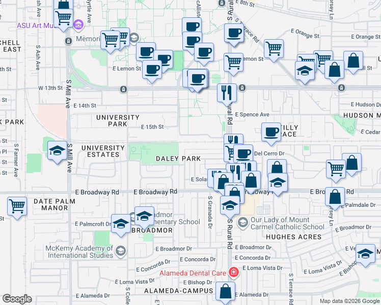 map of restaurants, bars, coffee shops, grocery stores, and more near 1703 South Ventura Drive in Tempe