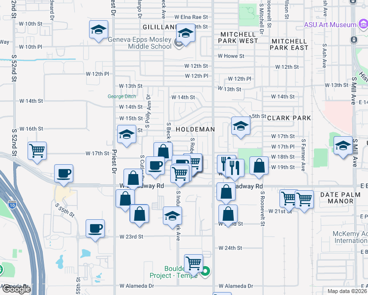 map of restaurants, bars, coffee shops, grocery stores, and more near 1806 South Roberts Road in Tempe