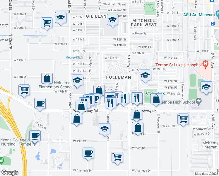map of restaurants, bars, coffee shops, grocery stores, and more near 1026 West 18th Street in Tempe