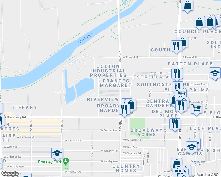 map of restaurants, bars, coffee shops, grocery stores, and more near 721 West Southgate Avenue in Phoenix
