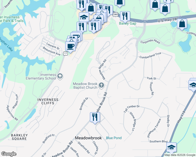 map of restaurants, bars, coffee shops, grocery stores, and more near 2376 Ridge Trail in Birmingham