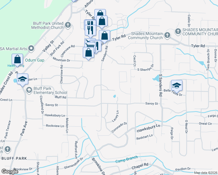 map of restaurants, bars, coffee shops, grocery stores, and more near 613 Sanders Road in Birmingham