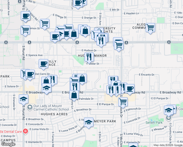 map of restaurants, bars, coffee shops, grocery stores, and more near 1440 East Broadway Road in Tempe
