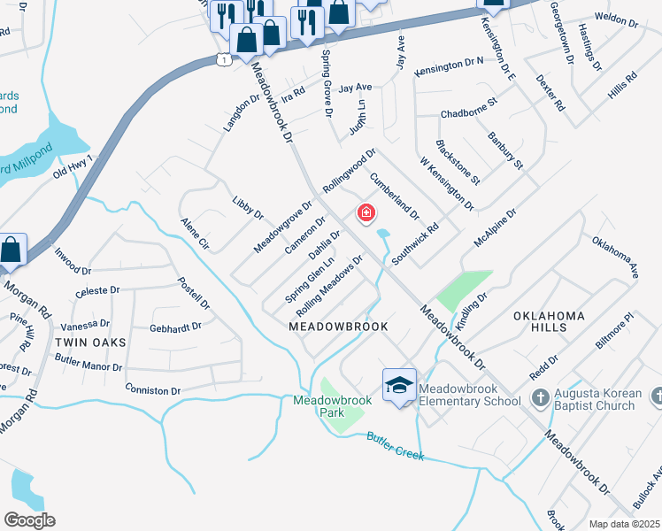 map of restaurants, bars, coffee shops, grocery stores, and more near 3514 Spring Glen Lane in Augusta