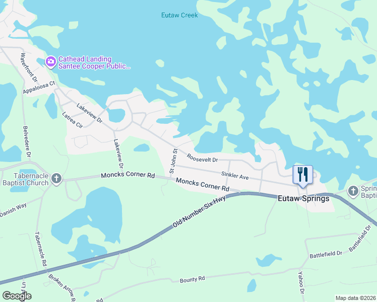 map of restaurants, bars, coffee shops, grocery stores, and more near 345 Roosevelt Drive in Eutawville