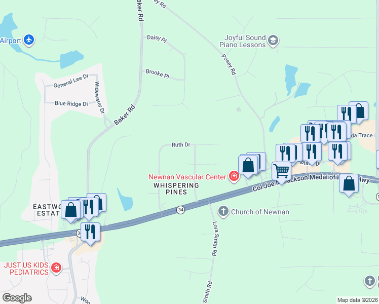 map of restaurants, bars, coffee shops, grocery stores, and more near 106 Hiram Drive in Newnan