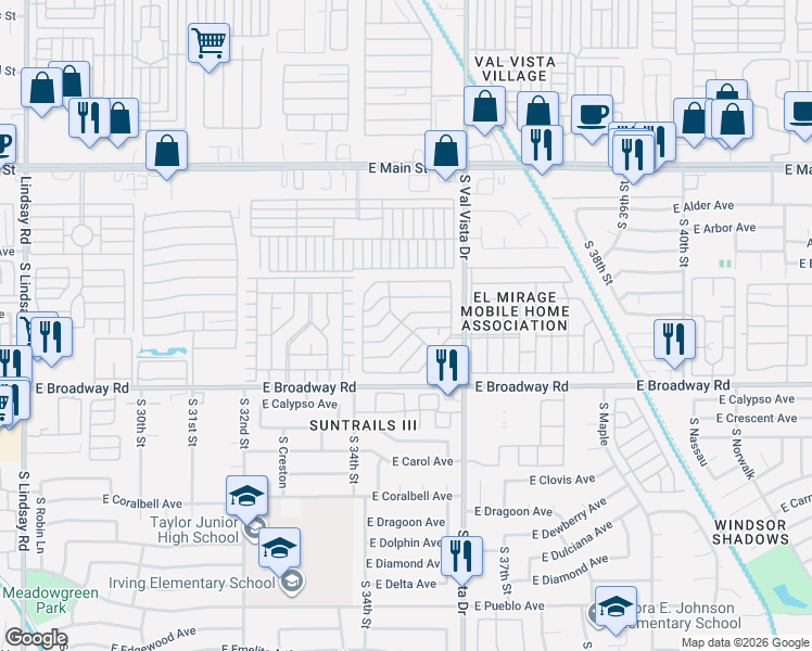 map of restaurants, bars, coffee shops, grocery stores, and more near East Mesquite Street in Mesa
