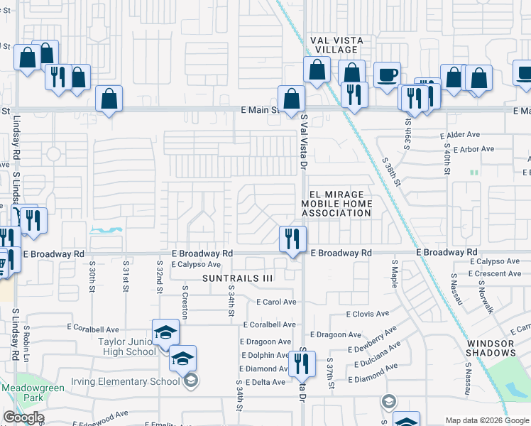 map of restaurants, bars, coffee shops, grocery stores, and more near East Mesquite Street in Mesa