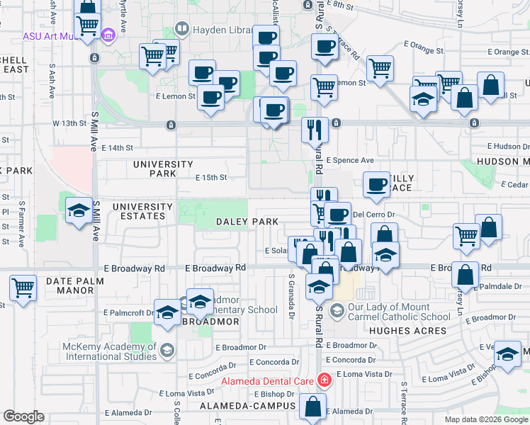 map of restaurants, bars, coffee shops, grocery stores, and more near 1703 South Ventura Drive in Tempe