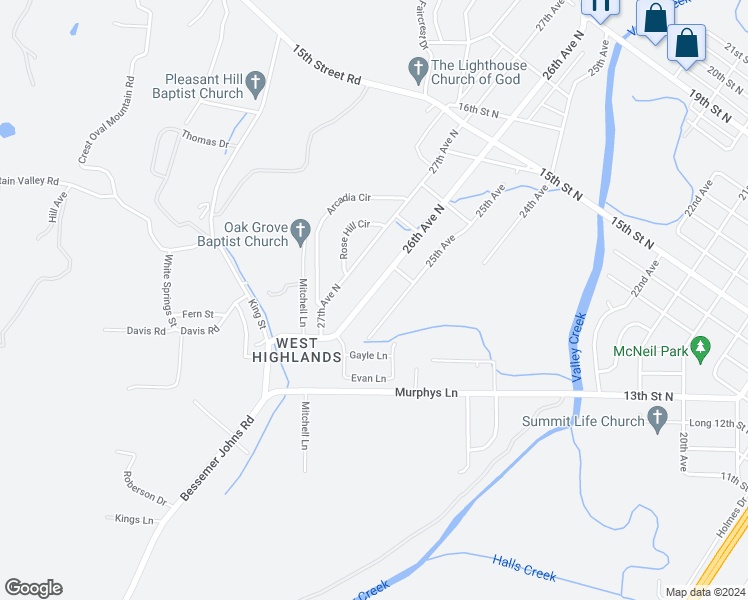 map of restaurants, bars, coffee shops, grocery stores, and more near 1035 26th Avenue North in Hueytown