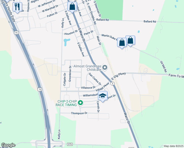 map of restaurants, bars, coffee shops, grocery stores, and more near 1505 Asbury Drive in Van Alstyne