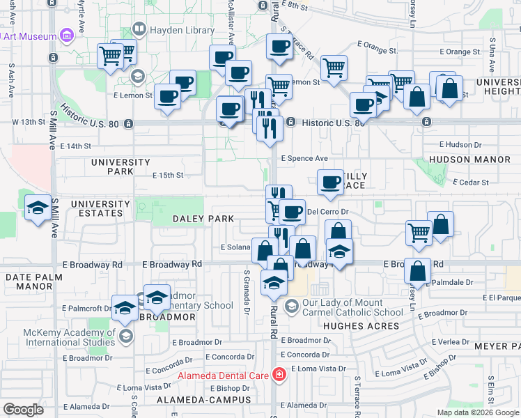 map of restaurants, bars, coffee shops, grocery stores, and more near 732 East Vista Del Cerro Drive in Tempe