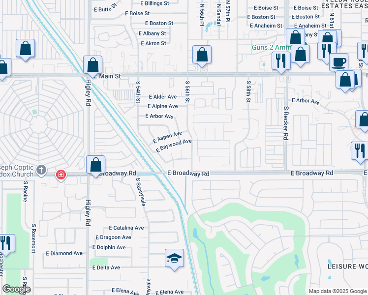 map of restaurants, bars, coffee shops, grocery stores, and more near 5555 East Aspen Avenue in Mesa