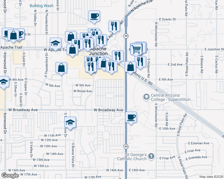 map of restaurants, bars, coffee shops, grocery stores, and more near 447-499 4th Ave in Apache Junction