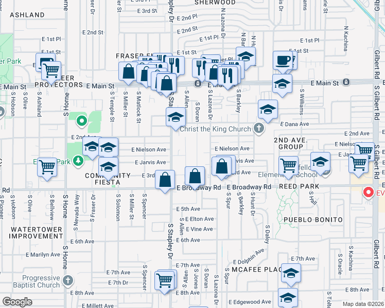 map of restaurants, bars, coffee shops, grocery stores, and more near 219 South Allen in Mesa