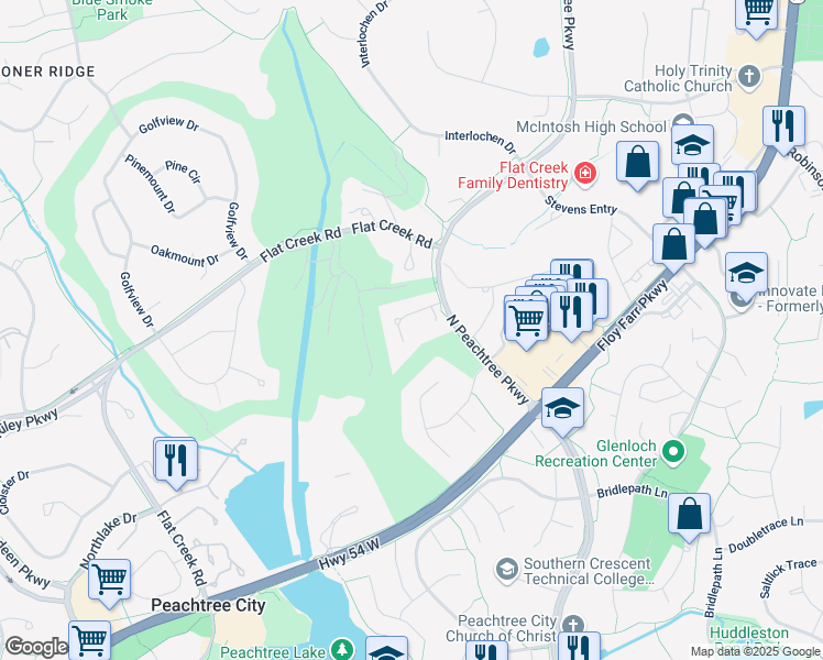 map of restaurants, bars, coffee shops, grocery stores, and more near 101 Rosemont in Peachtree City