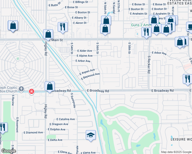 map of restaurants, bars, coffee shops, grocery stores, and more near 5555 East Aspen Avenue in Mesa