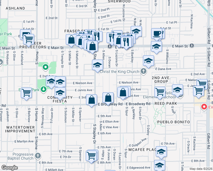 map of restaurants, bars, coffee shops, grocery stores, and more near 219 South Allen in Mesa