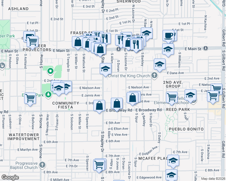 map of restaurants, bars, coffee shops, grocery stores, and more near 219 South Allen in Mesa