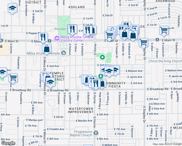 map of restaurants, bars, coffee shops, grocery stores, and more near 208 South Horne in Mesa