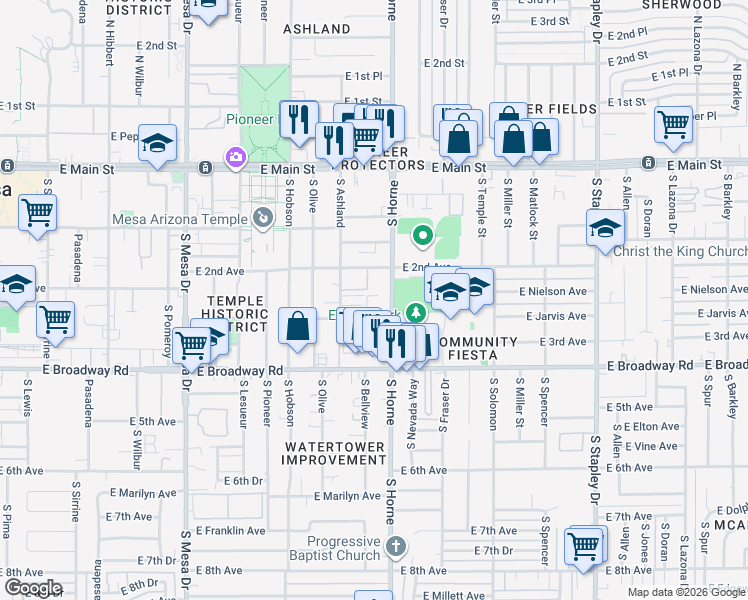 map of restaurants, bars, coffee shops, grocery stores, and more near 208 South Horne in Mesa