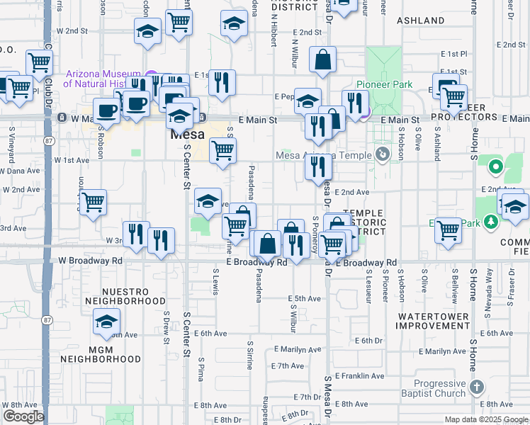 map of restaurants, bars, coffee shops, grocery stores, and more near 180 South Hibbert in Mesa