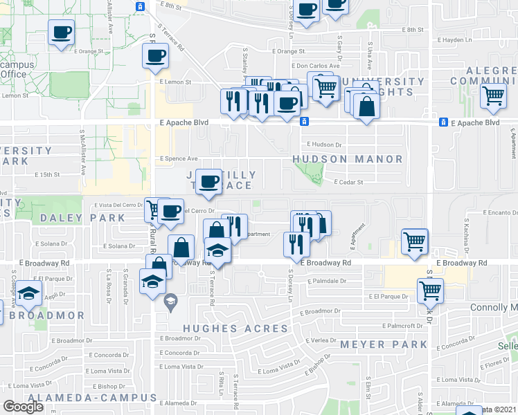 map of restaurants, bars, coffee shops, grocery stores, and more near 1446 South Stanley Place in Tempe