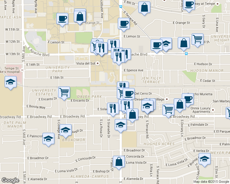 map of restaurants, bars, coffee shops, grocery stores, and more near 732 East Vista Del Cerro Drive in Tempe
