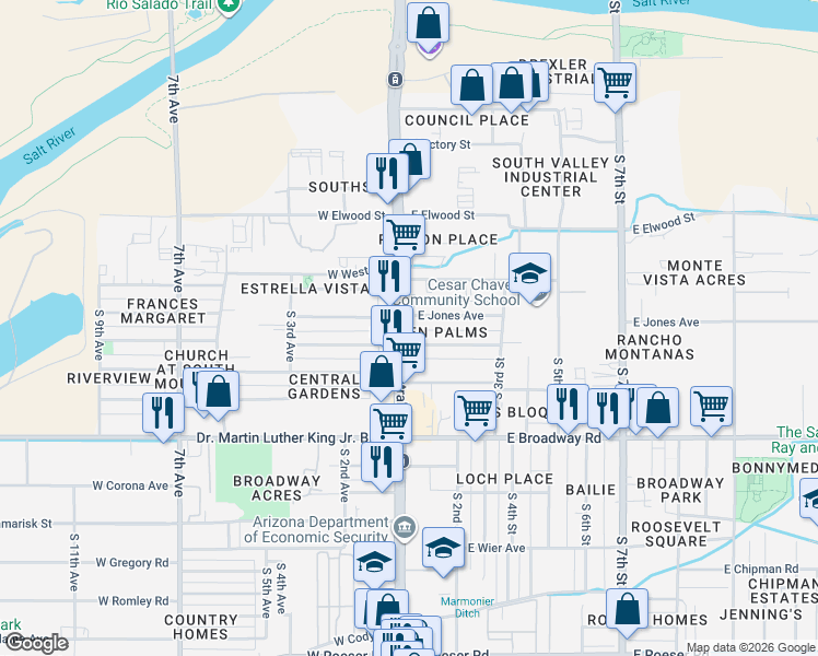 map of restaurants, bars, coffee shops, grocery stores, and more near 16 East Jones Avenue in Phoenix