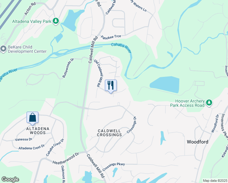 map of restaurants, bars, coffee shops, grocery stores, and more near 4825 Riverwood Place in Birmingham